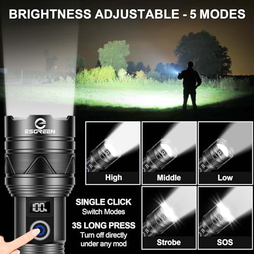 Rechargeable Torches LED Super Bright 1000000 Lumens, Powerful USB C LED Torch Light with Mini UV 365nm Touch, High Power Tactical Flashlight, Strong Hand Flash Light for Security Dog Walking Camping