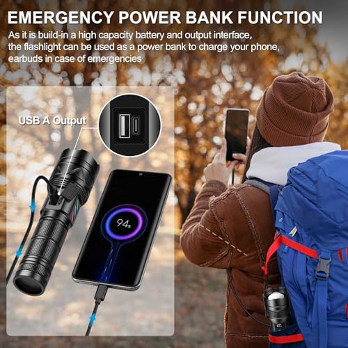Rechargeable Torches LED Super Bright 1000000 Lumens, Powerful USB C LED Torch Light with Mini UV 365nm Touch, High Power Tactical Flashlight, Strong Hand Flash Light for Security Dog Walking Camping