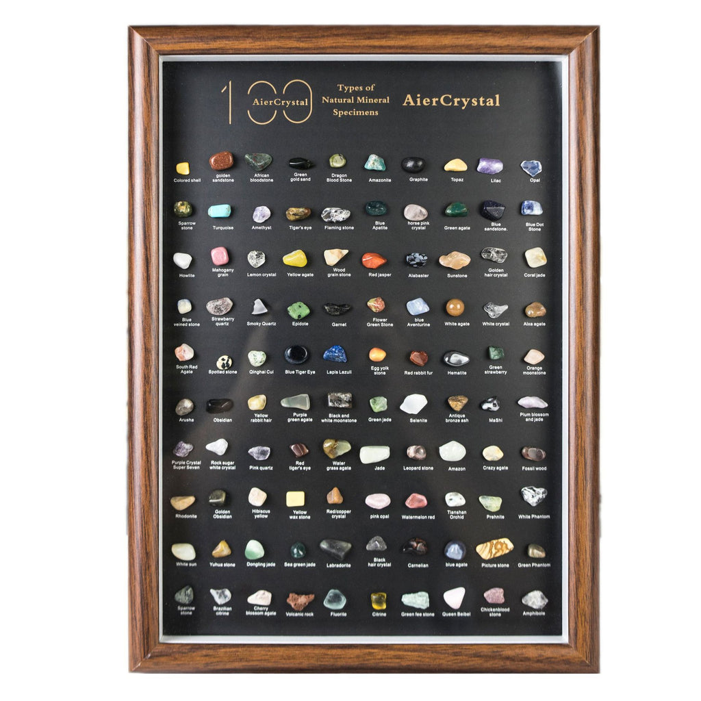 100 Natural Mineral Specimens Display Frame – Wooden Desktop Collector’s Edition