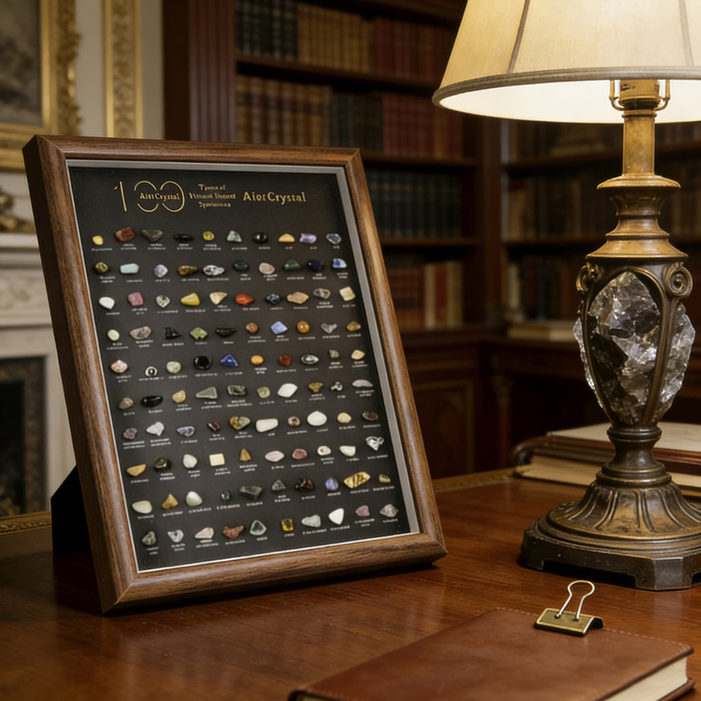 100 Natural Mineral Specimens Display Frame – Wooden Desktop Collector’s Edition