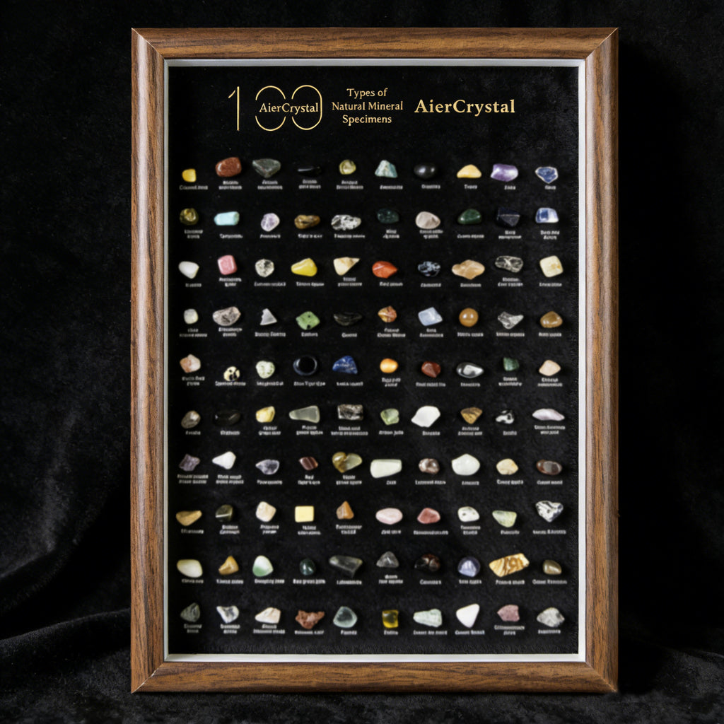 100 Natural Mineral Specimens Display Frame – Wooden Desktop Collector’s Edition