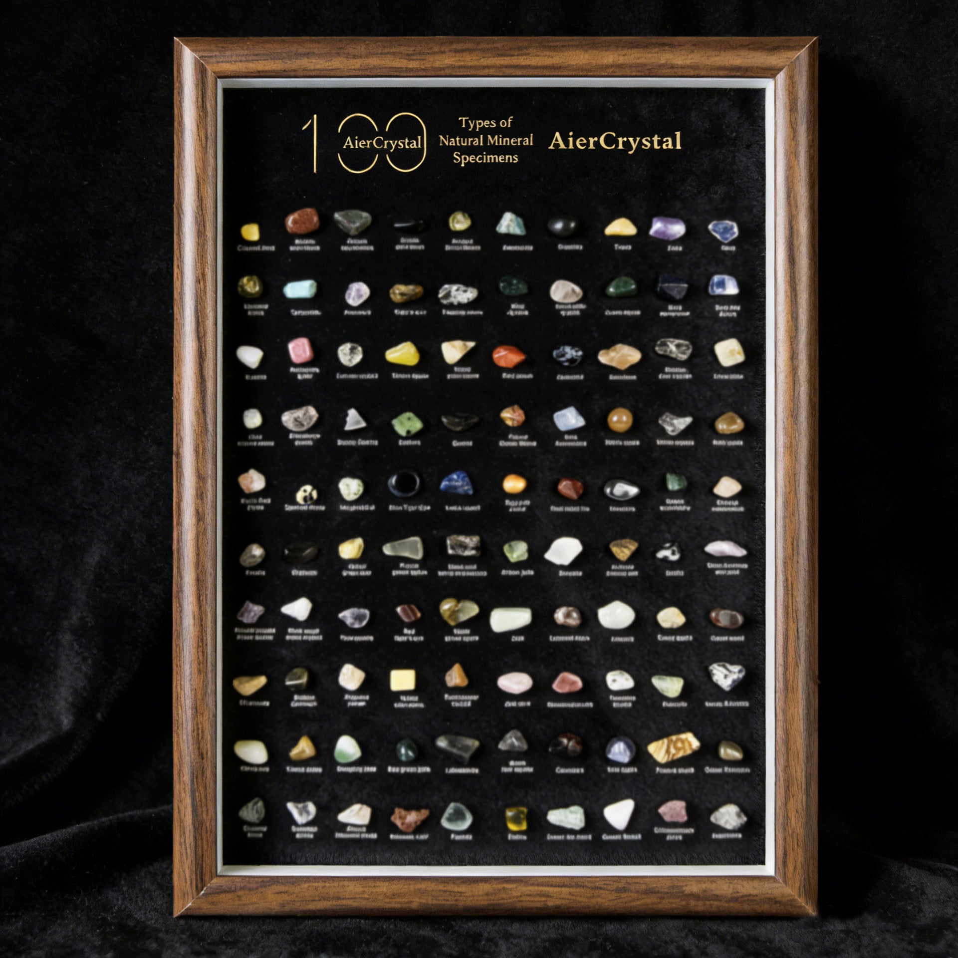 100 Natural Mineral Specimens Display Frame – Wooden Desktop Collector’s Edition