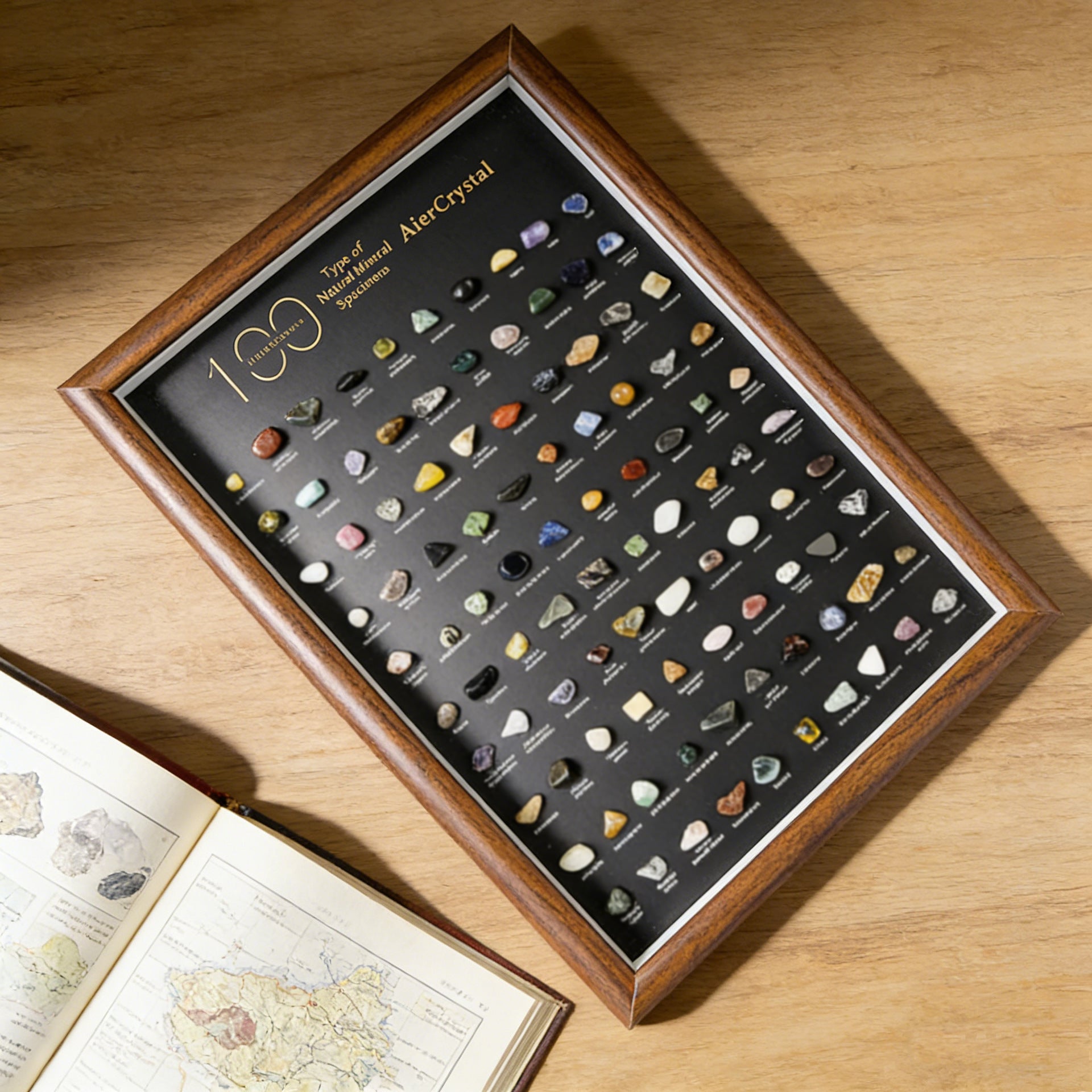 100 Natural Mineral Specimens Display Frame – Wooden Desktop Collector’s Edition