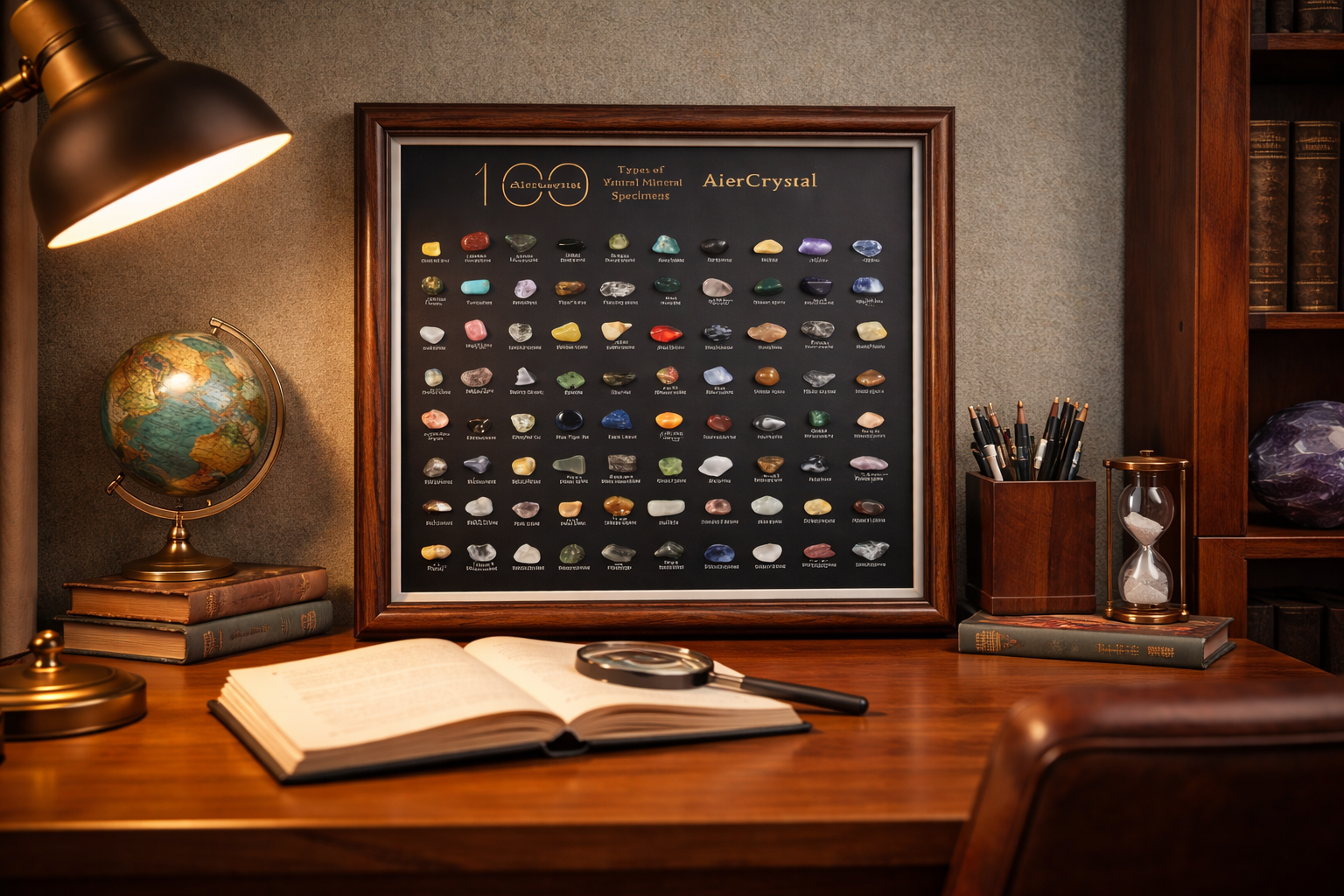 100 Natural Mineral Specimens Display Frame – Wooden Desktop Collector’s Edition