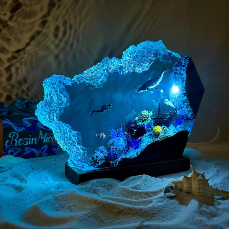 Epoxy resin wood lamp,Humpback whale and turtle night light,Scuba diving night light,Christmas gift for him,Unique summer gift,home decor
