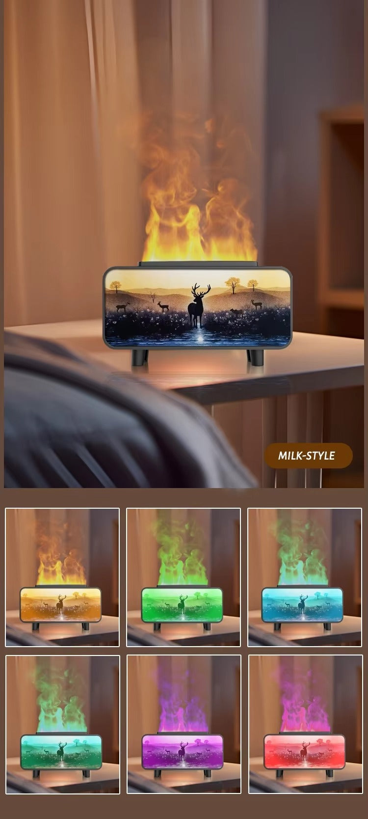 Flame Glow Ambient Fireplace Aroma Humidifier，Ultrasonic mist combined with warm LED lighting creates a stunning flame-like visual — calming, mesmerizing, and deeply relaxing.