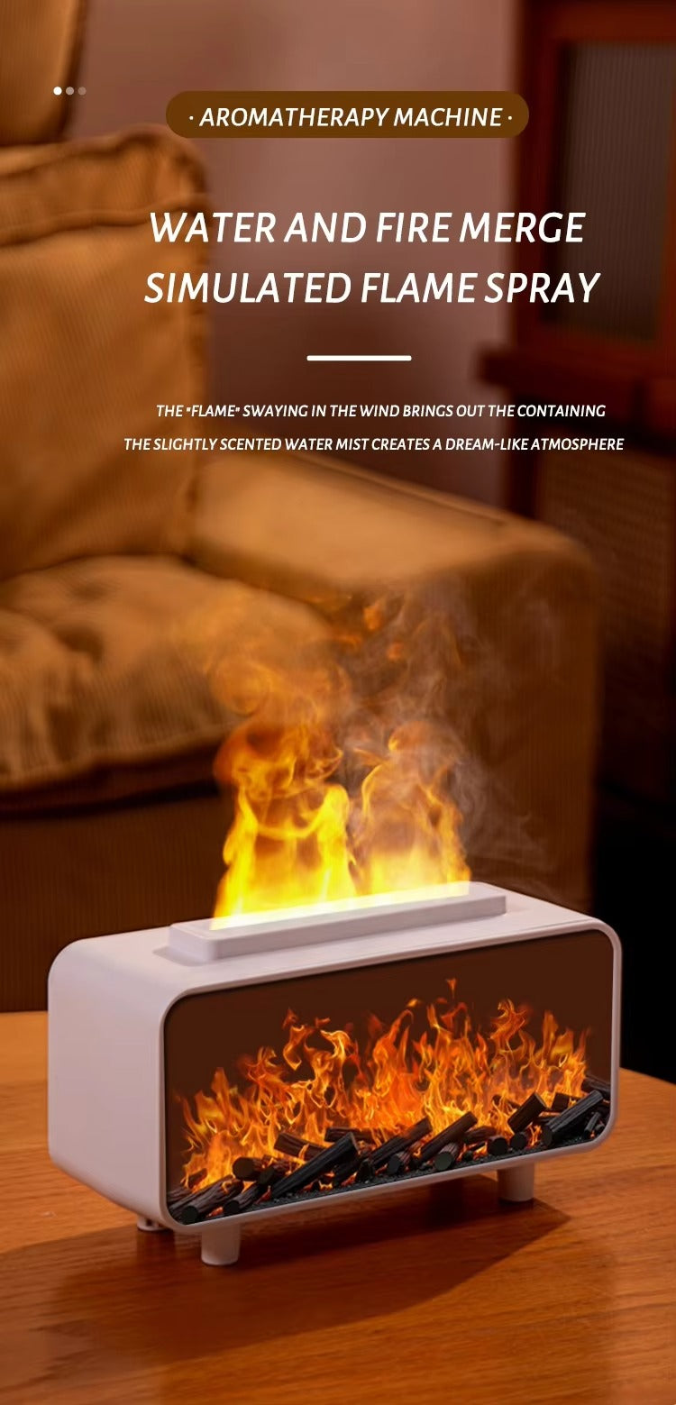 Flame Glow Ambient Fireplace Aroma Humidifier，Ultrasonic mist combined with warm LED lighting creates a stunning flame-like visual — calming, mesmerizing, and deeply relaxing.
