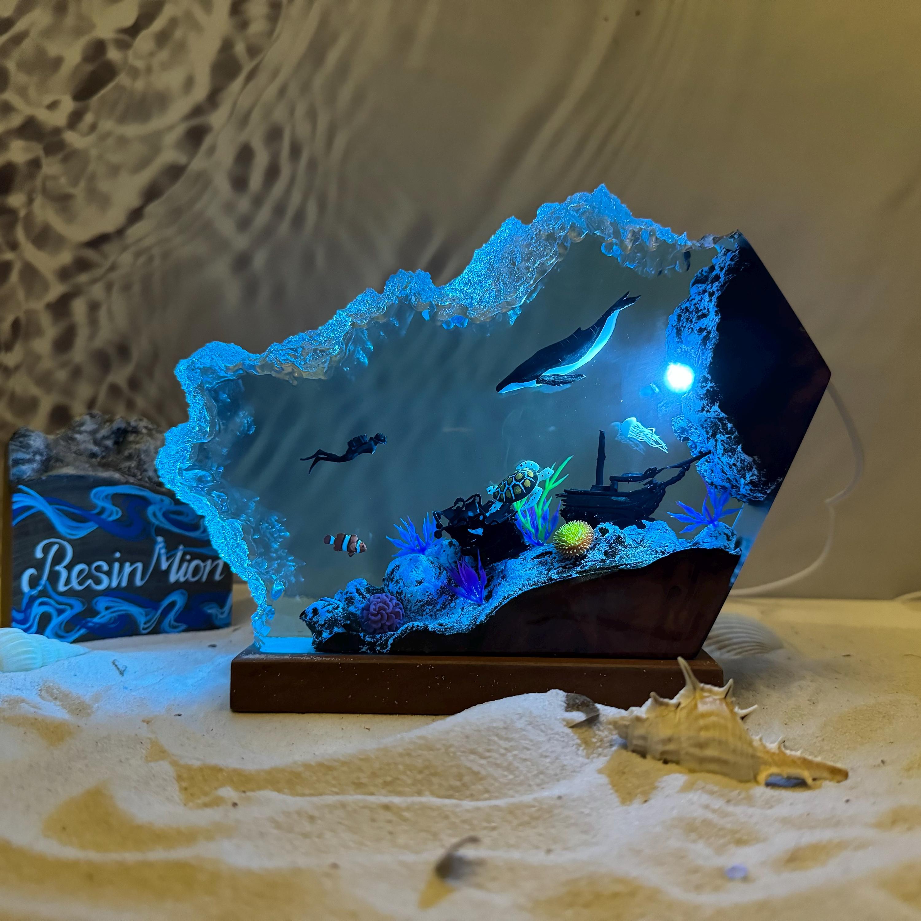 Epoxy resin wood lamp,Humpback whale and turtle night light,Scuba diving night light,Christmas gift for him,Unique summer gift,home decor
