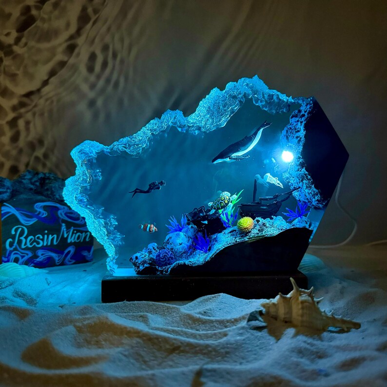 Epoxy resin wood lamp,Humpback whale and turtle night light,Scuba diving night light,Christmas gift for him,Unique summer gift,home decor