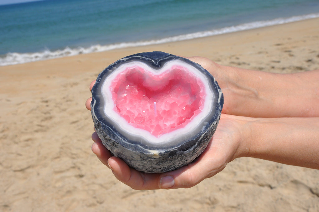 Handcrafted Rose Quartz Crystal Geode Heart Candle