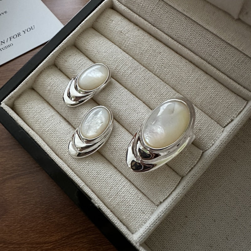 Layered Shell Statement Ring & Earrings in 925 Sterling Silver Bold Oval Design with Natural Shell Inlay