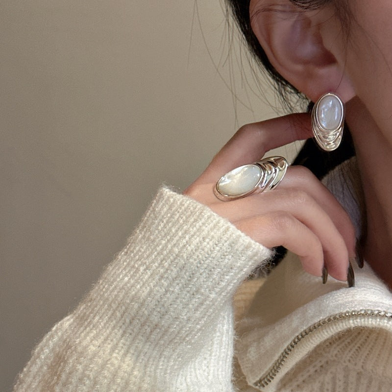 Layered Shell Statement Ring & Earrings in 925 Sterling Silver Bold Oval Design with Natural Shell Inlay