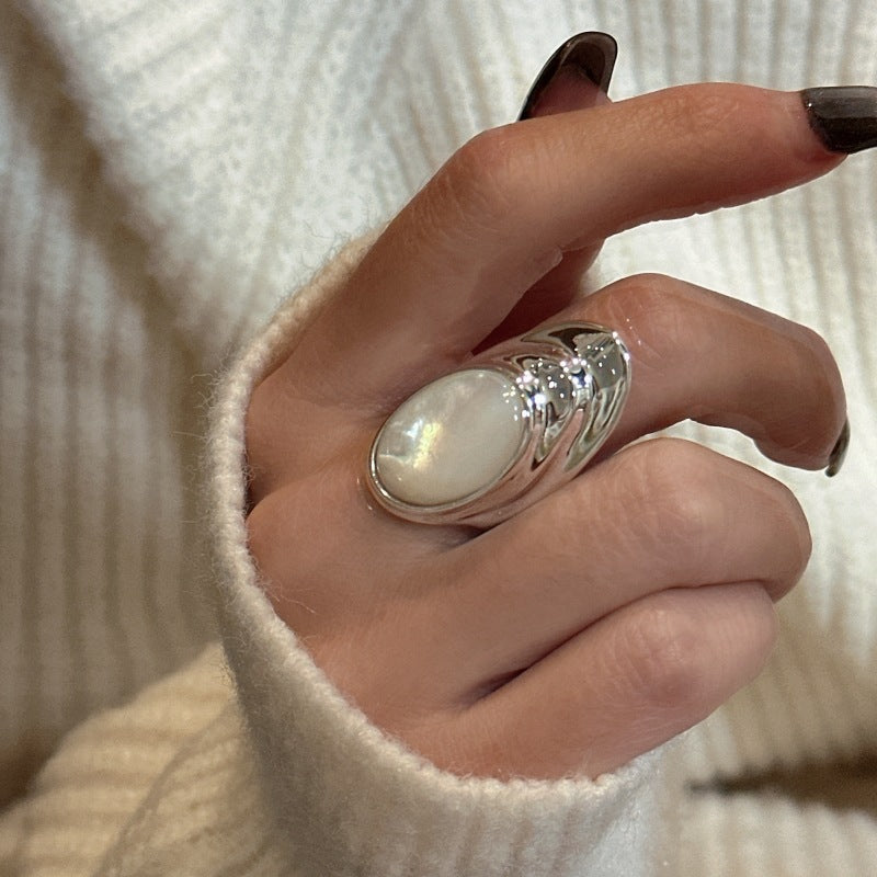 Layered Shell Statement Ring & Earrings in 925 Sterling Silver Bold Oval Design with Natural Shell Inlay