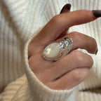 Layered Shell Statement Ring & Earrings in 925 Sterling Silver Bold Oval Design with Natural Shell Inlay