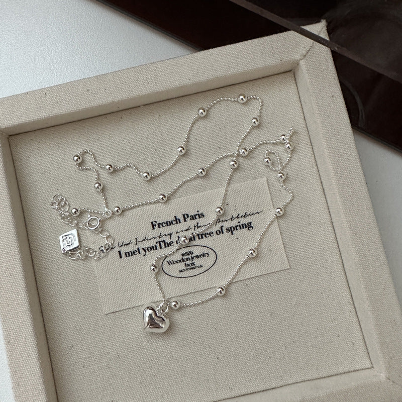 925 Sterling Silver Beaded Chain Necklace with Shiny Heart Pendant – Elegant Jewelry for Girls