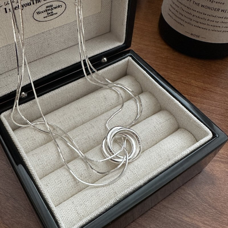 Genuine S925 Sterling Silver Multi-Layer Snake Chain Necklace with Round Pendant – Premium Jewelry for Women and Girls