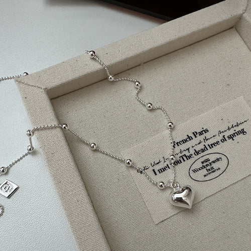 925 Sterling Silver Beaded Chain Necklace with Shiny Heart Pendant – Elegant Jewelry for Girls