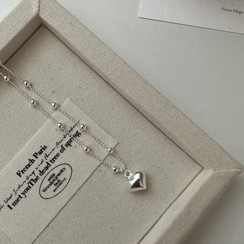 925 Sterling Silver Beaded Chain Necklace with Shiny Heart Pendant – Elegant Jewelry for Girls