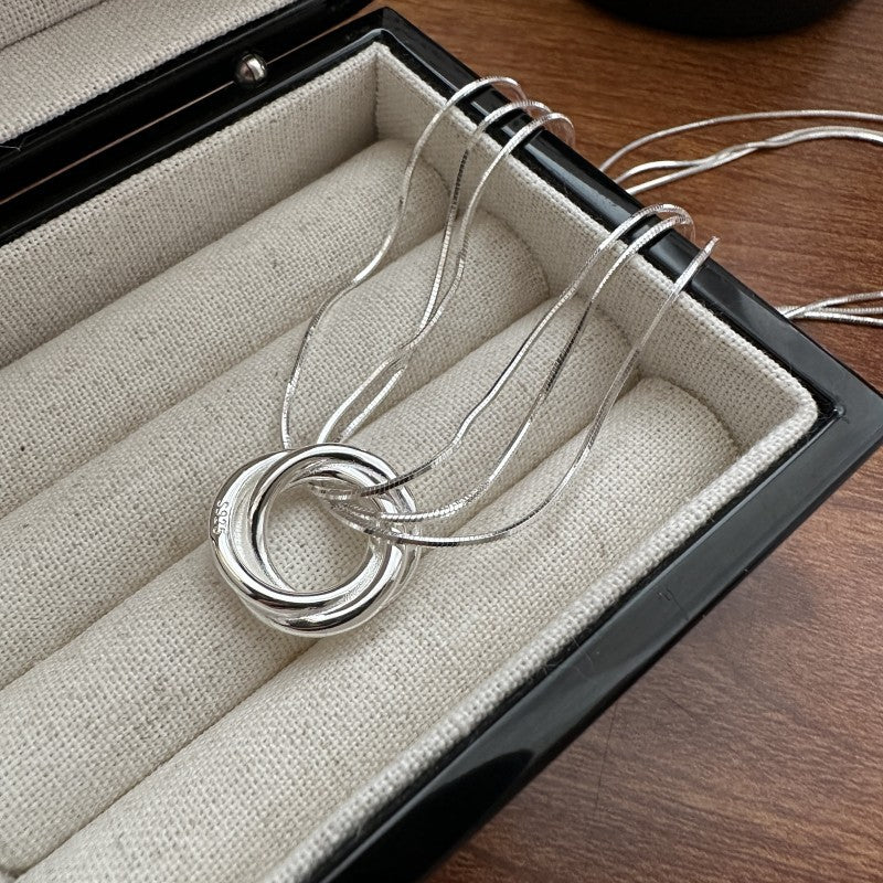 Genuine S925 Sterling Silver Multi-Layer Snake Chain Necklace with Round Pendant – Premium Jewelry for Women and Girls