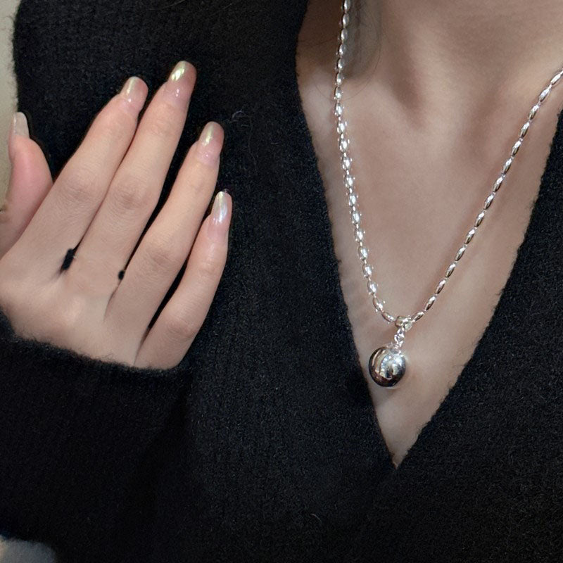 925 Sterling Silver Olive Bead Chain Necklace with 14mm Round Silver-Gold Tone Pendant – Premium Jewelry