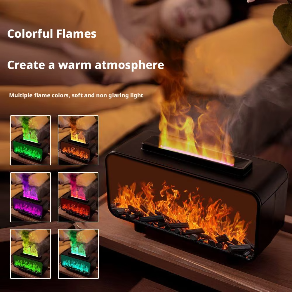 Flame Glow Ambient Fireplace Aroma Humidifier，Ultrasonic mist combined with warm LED lighting creates a stunning flame-like visual — calming, mesmerizing, and deeply relaxing.