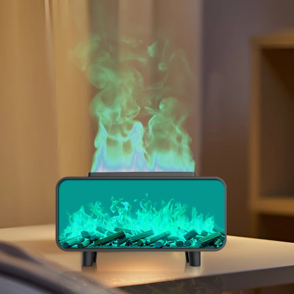 Flame Glow Ambient Fireplace Aroma Humidifier，Ultrasonic mist combined with warm LED lighting creates a stunning flame-like visual — calming, mesmerizing, and deeply relaxing.