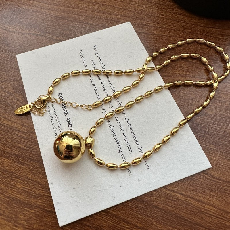 925 Sterling Silver Olive Bead Chain Necklace with 14mm Round Silver-Gold Tone Pendant – Premium Jewelry