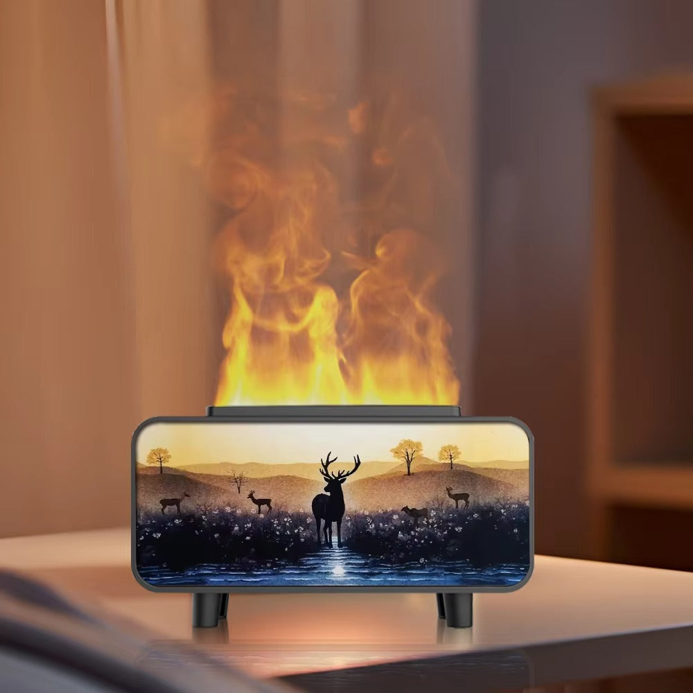 Flame Glow Ambient Fireplace Aroma Humidifier，Ultrasonic mist combined with warm LED lighting creates a stunning flame-like visual — calming, mesmerizing, and deeply relaxing.