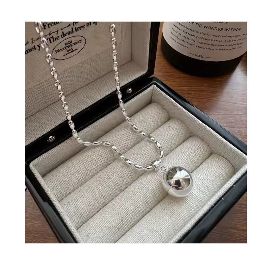 925 Sterling Silver Olive Bead Chain Necklace with 14mm Round Silver-Gold Tone Pendant – Premium Jewelry