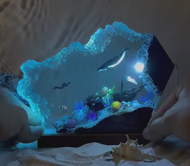 Epoxy resin wood lamp,Humpback whale and turtle night light,Scuba diving night light,Christmas gift for him,Unique summer gift,home decor