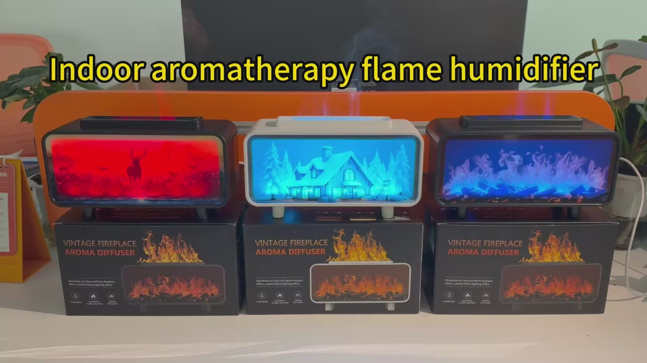 Flame Glow Ambient Fireplace Aroma Humidifier，Ultrasonic mist combined with warm LED lighting creates a stunning flame-like visual — calming, mesmerizing, and deeply relaxing.